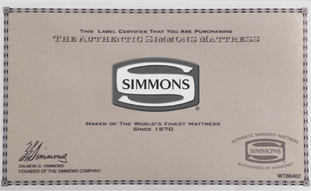 Proof of Authenticity authenticates your Simmons products as genuine.